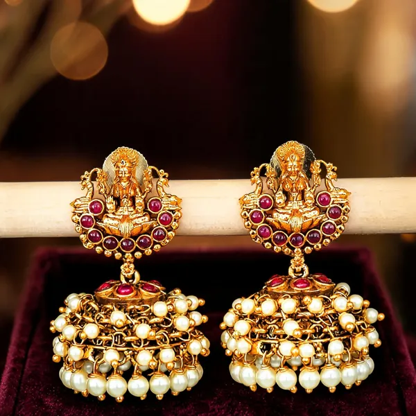 Antique_Temple_Lakshmi_Jhumka_With_Pearl_Drops_Red