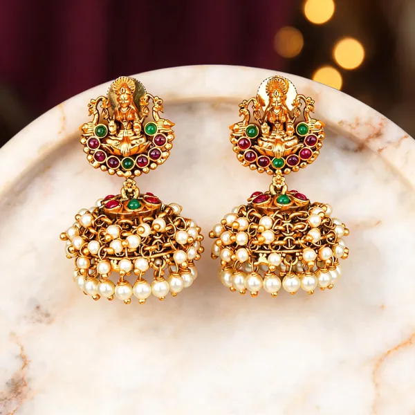 Antique_Temple_Lakshmi_Jhumka_With_Pearl_Drops_Green