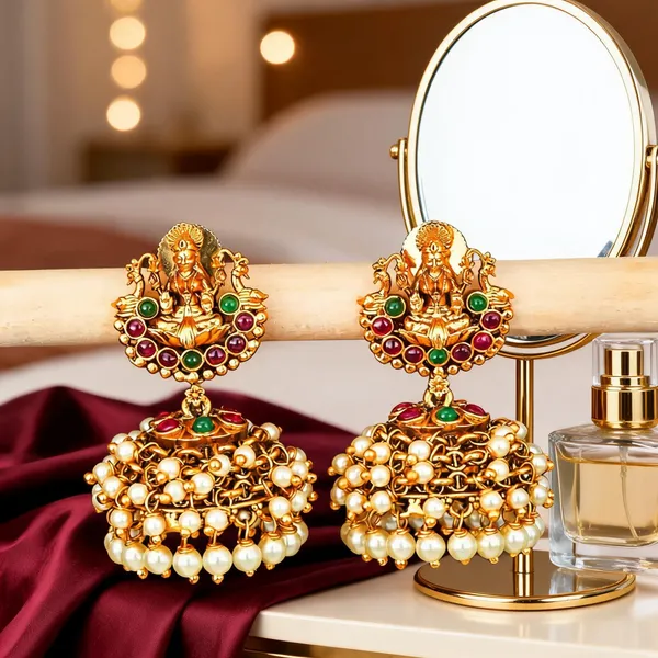 Antique_Temple_Lakshmi_Jhumka_With_Pearl_Drops_Green