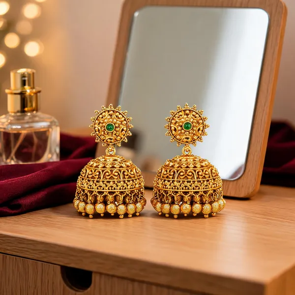 Classic_Gold_Plated_Temple_Jhumka_Green