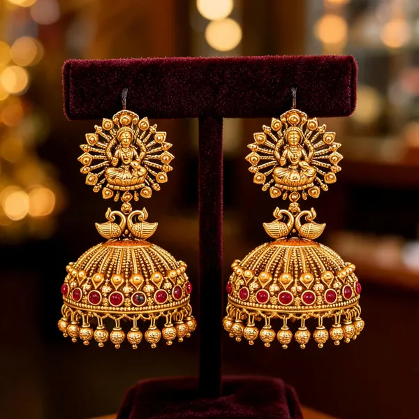 Divine_Lakshmi_Temple_Jhumka_With_Peacock_Motif_Red