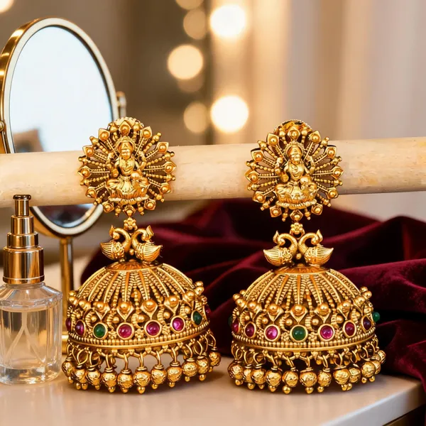 Divine_Lakshmi_Temple_Jhumka_With_Peacock_Motif_Green