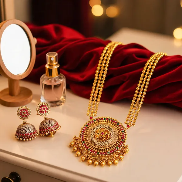Antique_Temple_Pendant_Set_Traditional_Gold_Plated_Red