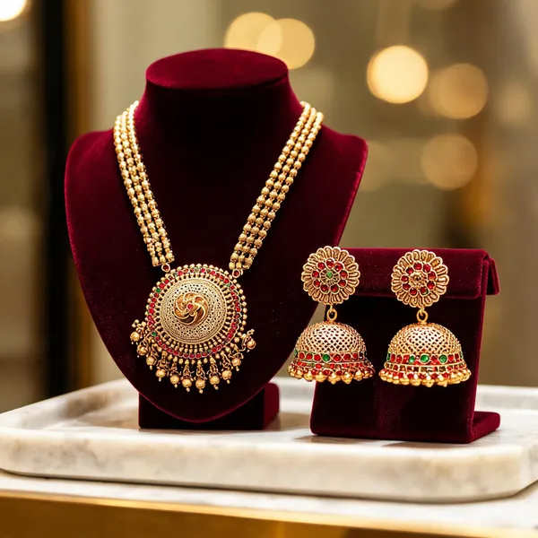 Antique_Temple_Pendant_Set_Traditional_Gold_Plated_Green