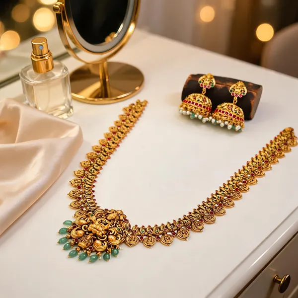 Gold_Plated_Traditional_Lakshmi_Long_Necklace_Set_Red