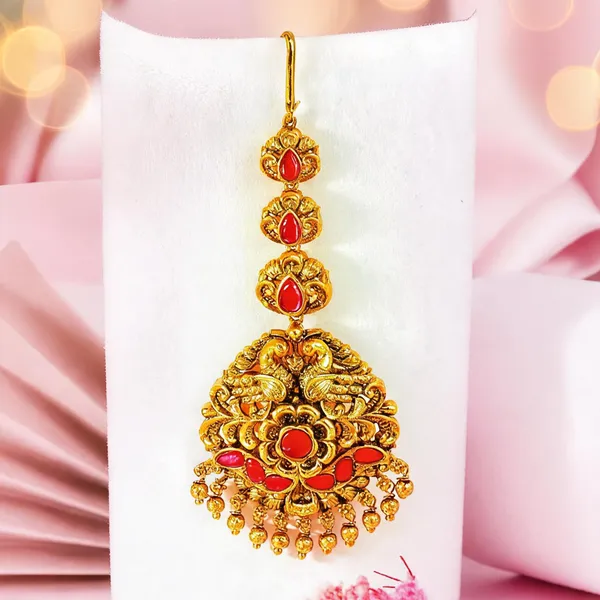 Antique_Gold_Plated_Maang_Tikka_With_Pink_Stones_Red