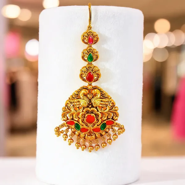 Antique_Gold_Plated_Maang_Tikka_With_Pink_Stones_Green