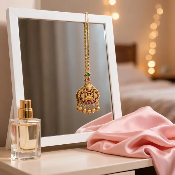 Antique_Gold_Plated_Maang_Tikka_With_Lakshmi_Motif_Green