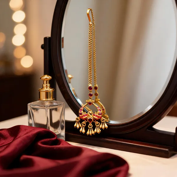 Antique_Gold_Plated_Maang_Tikka_With_Peacock_Design_Red