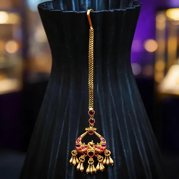 Antique_Gold_Plated_Maang_Tikka_With_Peacock_Design_Red