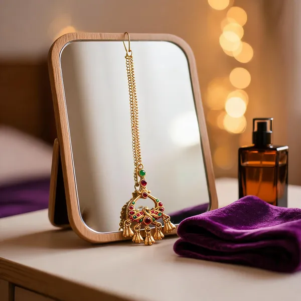 Antique_Gold_Plated_Maang_Tikka_With_Peacock_Design_Green