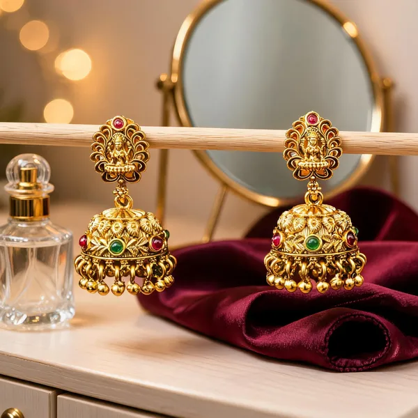 Antique_Temple_Jhumka_Earrings_With_Pink_Stone_Accents_Green
