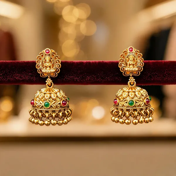 Antique_Temple_Jhumka_Earrings_With_Pink_Stone_Accents_Green