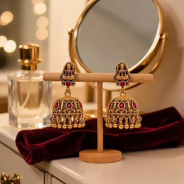 Handcrafted_Temple_Jhumka_With_Lakshmi_Carving_Red