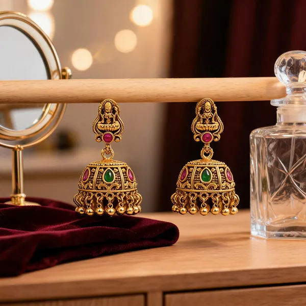 Handcrafted_Temple_Jhumka_With_Lakshmi_Carving_Green