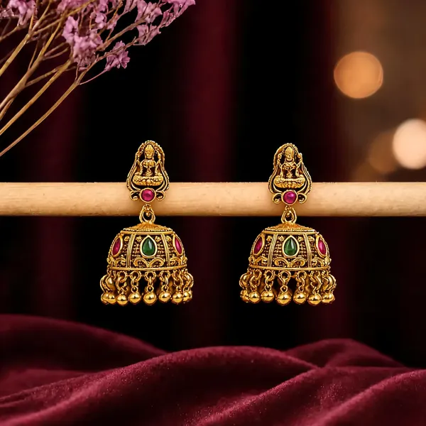 Handcrafted_Temple_Jhumka_With_Lakshmi_Carving_Green