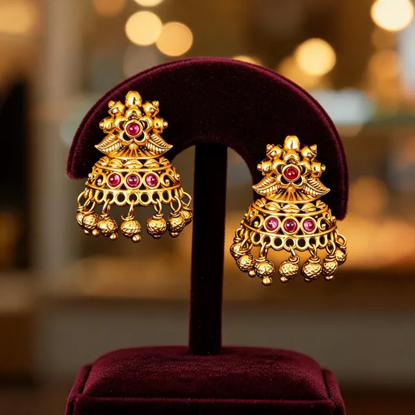 Antique_Gold_Plated_Temple_Jhumka_With_Floral_Motif_Red