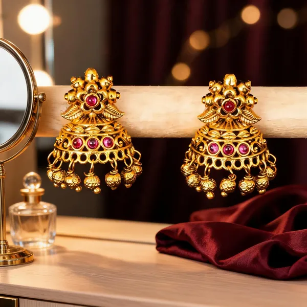 Antique_Gold_Plated_Temple_Jhumka_With_Floral_Motif_Red