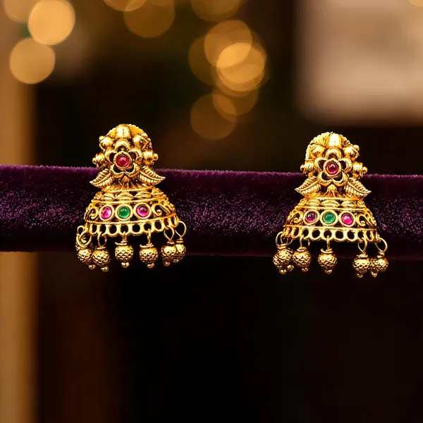 Antique_Gold_Plated_Temple_Jhumka_With_Floral_Motif_Green