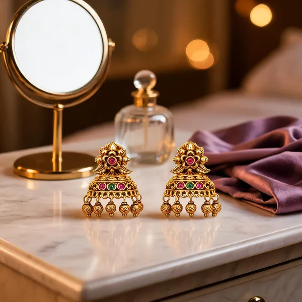 Antique_Gold_Plated_Temple_Jhumka_With_Floral_Motif_Green