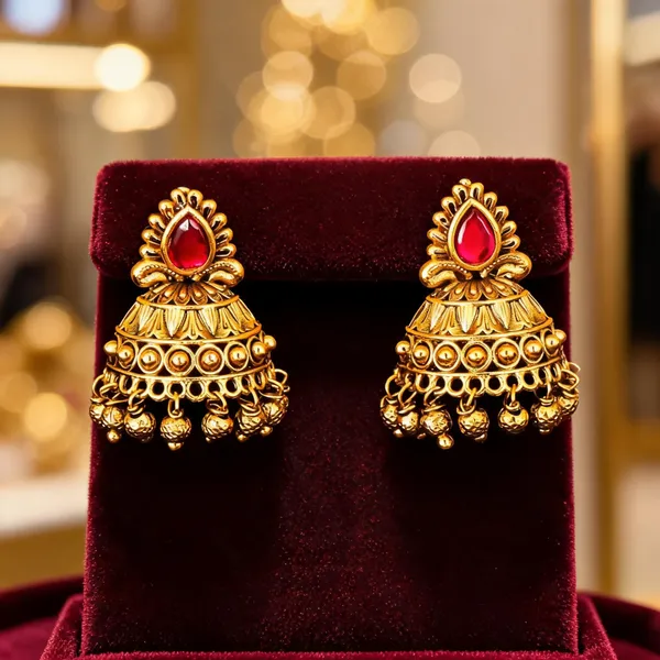 Antique_Gold_Plated_Jhumka_With_Red_Stone_Detailing_Red