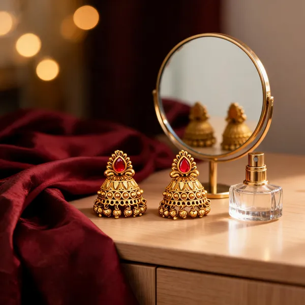 Antique_Gold_Plated_Jhumka_With_Red_Stone_Detailing_Red