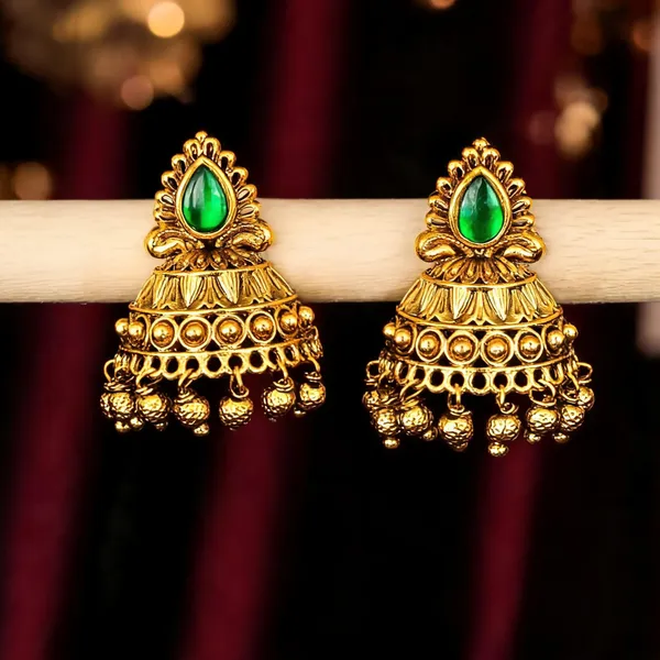 Antique_Gold_Plated_Jhumka_With_Red_Stone_Detailing_Green