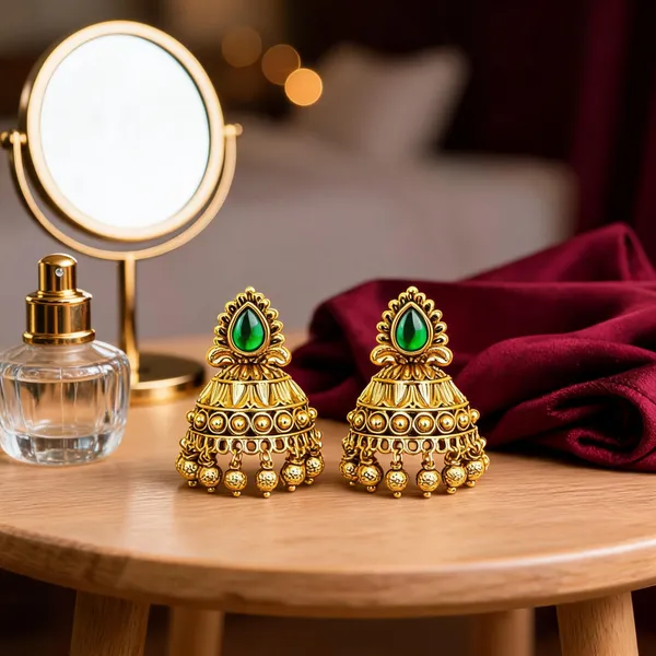 Antique_Gold_Plated_Jhumka_With_Red_Stone_Detailing_Green