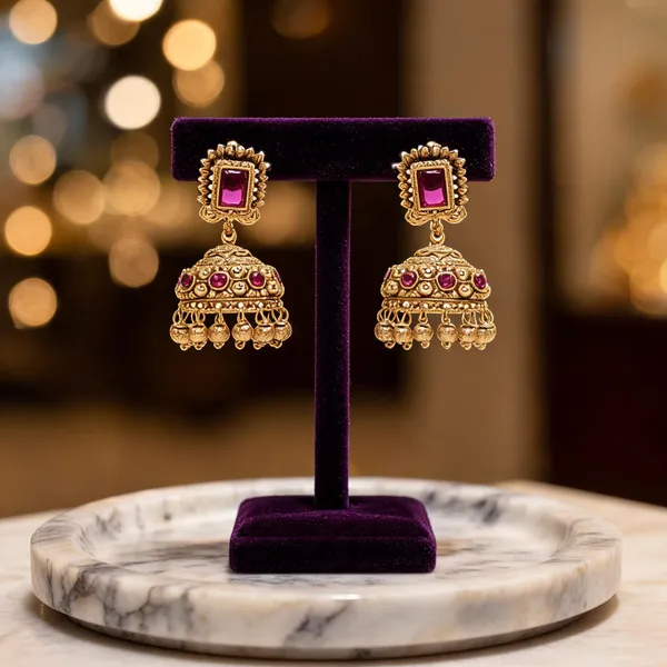 Heritage_Gold_Plated_Jhumkas_With_Pink_Stone