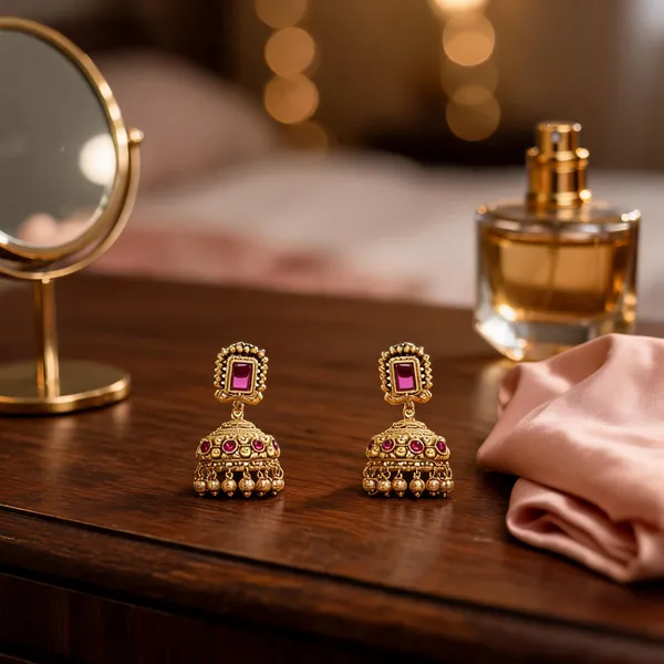Heritage_Gold_Plated_Jhumkas_With_Pink_Stone