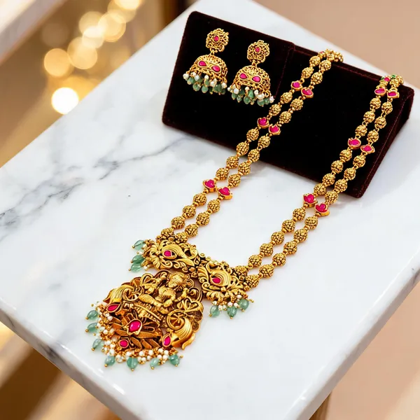 Lakshmi_Temple_Long_Necklace_Set_Green