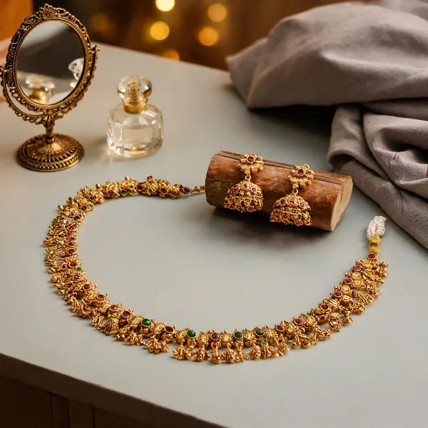 Antique_Temple_Combo_Necklace_Set_With_Red_Green_Stones_Red