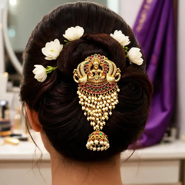 Gold_Plated_Lakshmi_Hair_Broach_Green