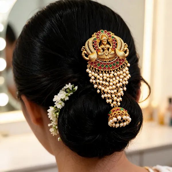 Gold_Plated_Lakshmi_Hair_Broach_Green