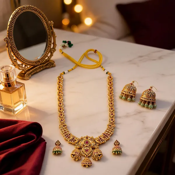 Antique_Temple_Long_Necklace_Set_With_Lakshmi_Motif_Jhumka_Drops_Red