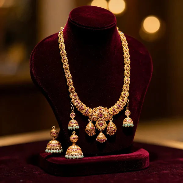 Antique_Temple_Long_Necklace_Set_With_Lakshmi_Motif_Jhumka_Drops_Red