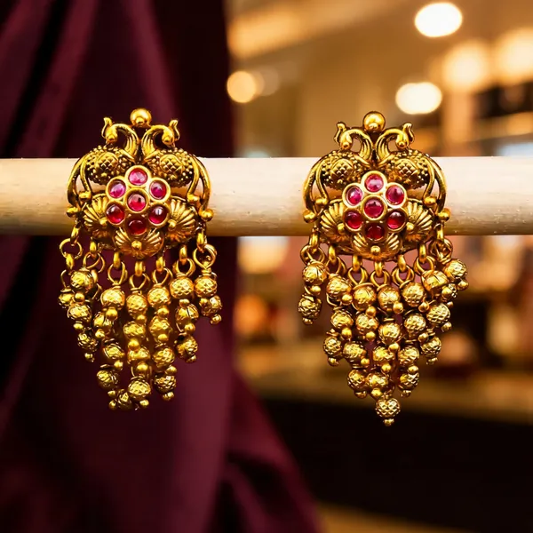 Peacock_Design_Gold_Plated_Jhumka_With_Pink_Stones_Red