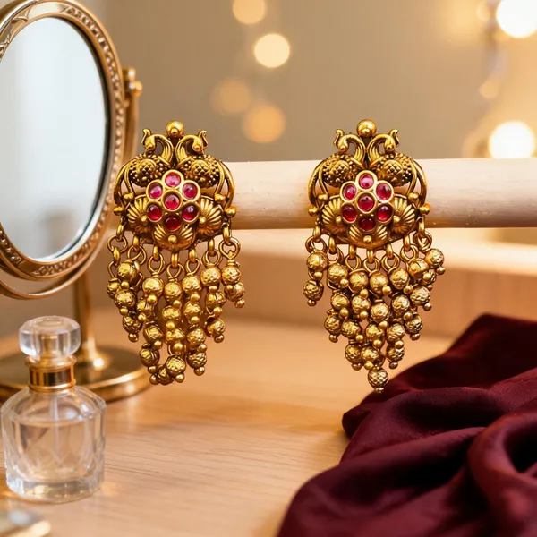 Peacock_Design_Gold_Plated_Jhumka_With_Pink_Stones_Red