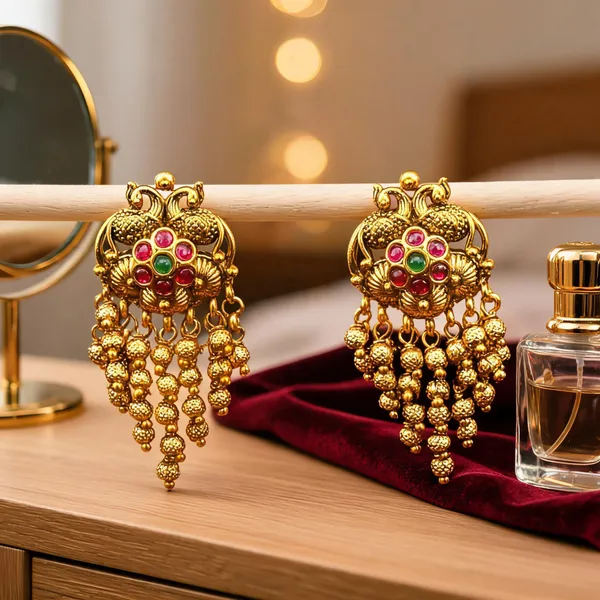 Peacock_Design_Gold_Plated_Jhumka_With_Pink_Stones_Green