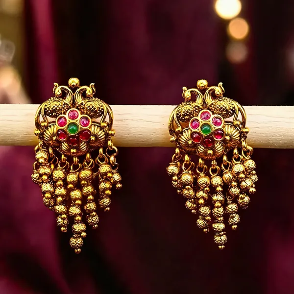 Peacock_Design_Gold_Plated_Jhumka_With_Pink_Stones_Green