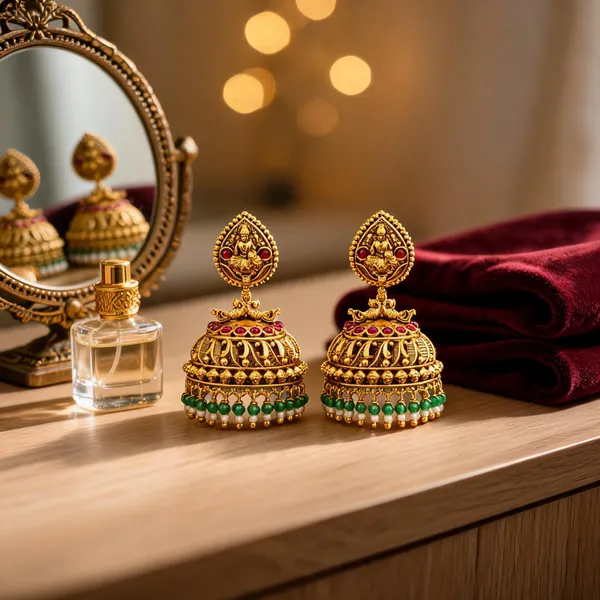 Antique_Gold_Plated_Lakshmi_Jhumka_With_White_And_Green_Motif_Red