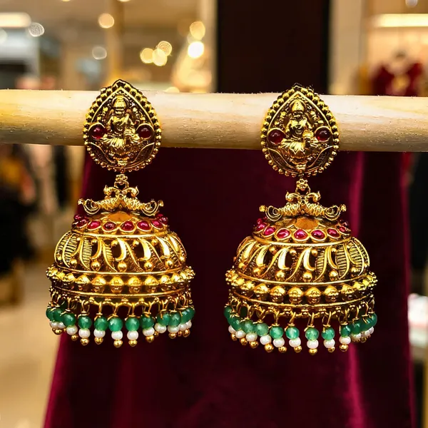 Antique_Gold_Plated_Lakshmi_Jhumka_With_White_And_Green_Motif_Red