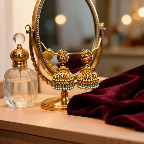 Antique_Gold_Plated_Lakshmi_Jhumka_With_White_And_Green_Motif_Green