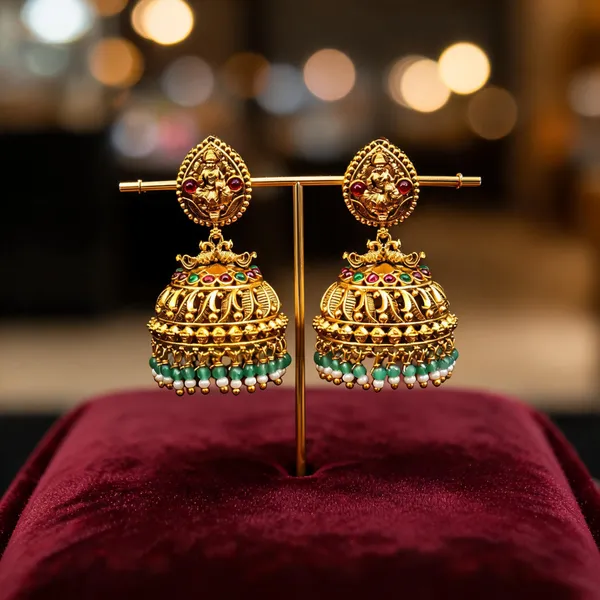 Antique_Gold_Plated_Lakshmi_Jhumka_With_White_And_Green_Motif_Green