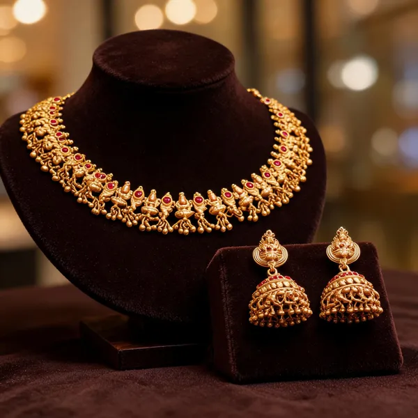 Antique_Gold_Plated_Temple_Necklace_Set_Bridal_Short_Design_Red