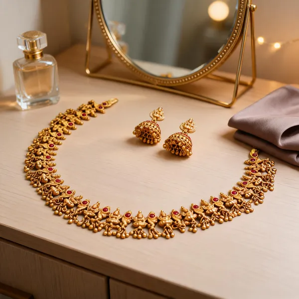 Antique_Gold_Plated_Temple_Necklace_Set_Bridal_Short_Design_Red