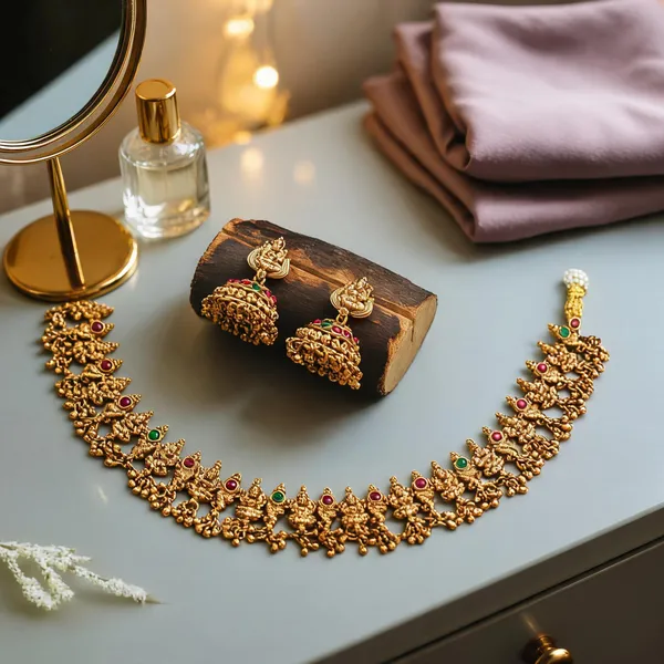 Antique_Gold_Plated_Temple_Necklace_Set_Bridal_Short_Design_Green
