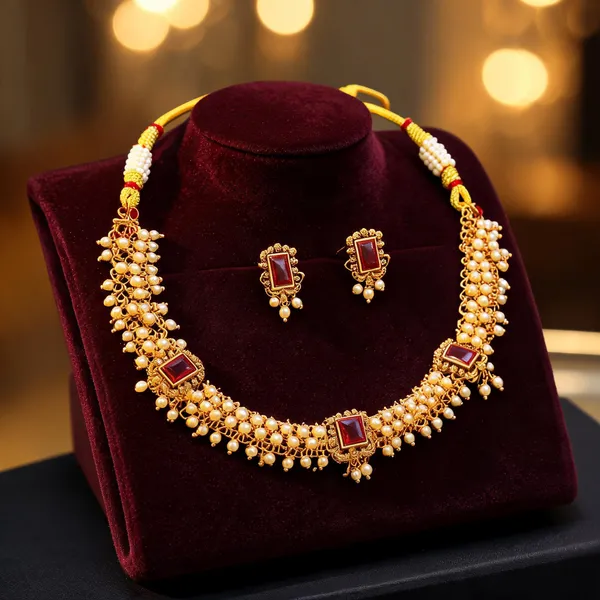 Gold_Plated_Temple_Necklace_Ruby_Pearl_Elegance_Red