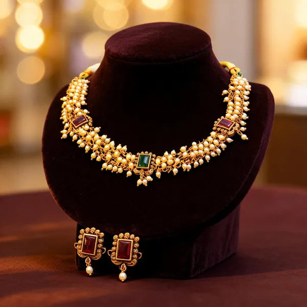 Gold_Plated_Temple_Necklace_Ruby_Pearl_Elegance_Green