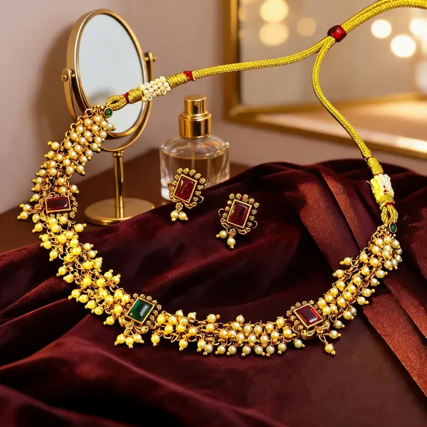 Gold_Plated_Temple_Necklace_Ruby_Pearl_Elegance_Green